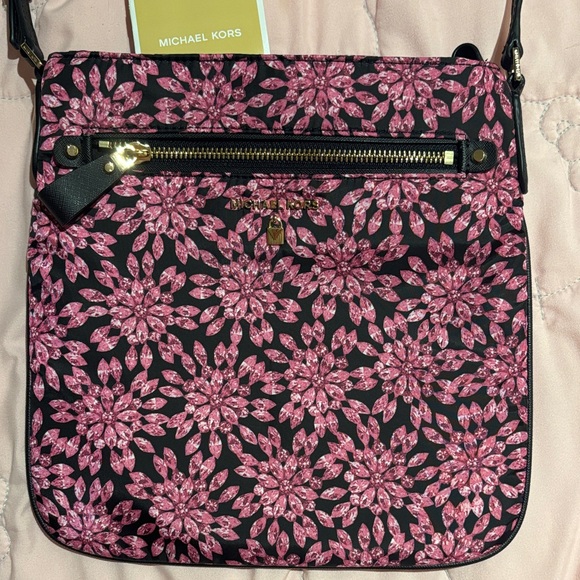 Michael Kors Handbags - Michael Kors Jet Set Floral Crossbody Pink Black Gold Hardware